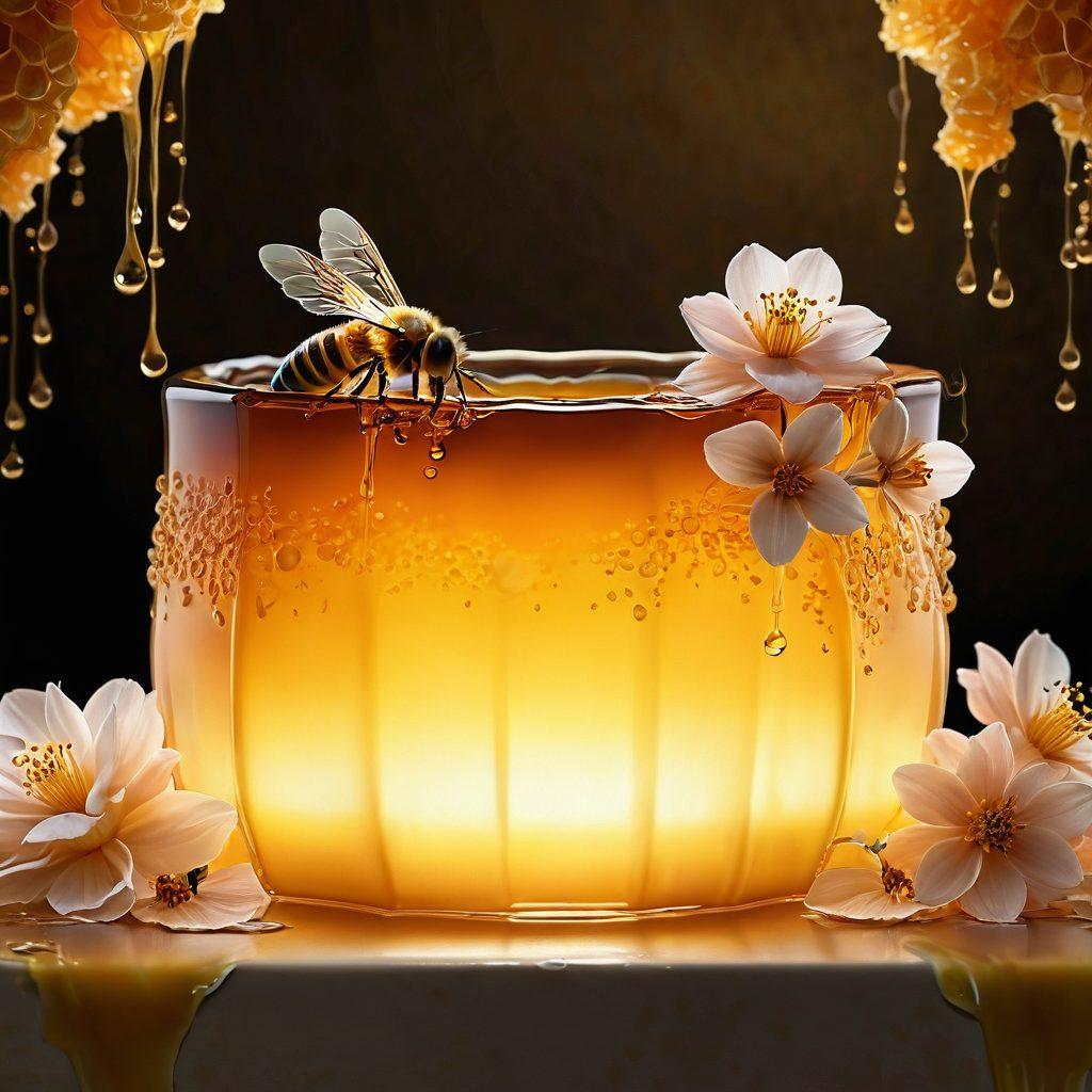A sensual and artistic portrayal of honey dripping from a golden honeycomb, merging with charming silhouettes of adult film elements, surrounded by soft candlelight and plush textures, conveying a warm, inviting atmosphere. Include delicate floral accents and a soft, dreamy background. super-realistic. vibrant colors. soft lighting.
